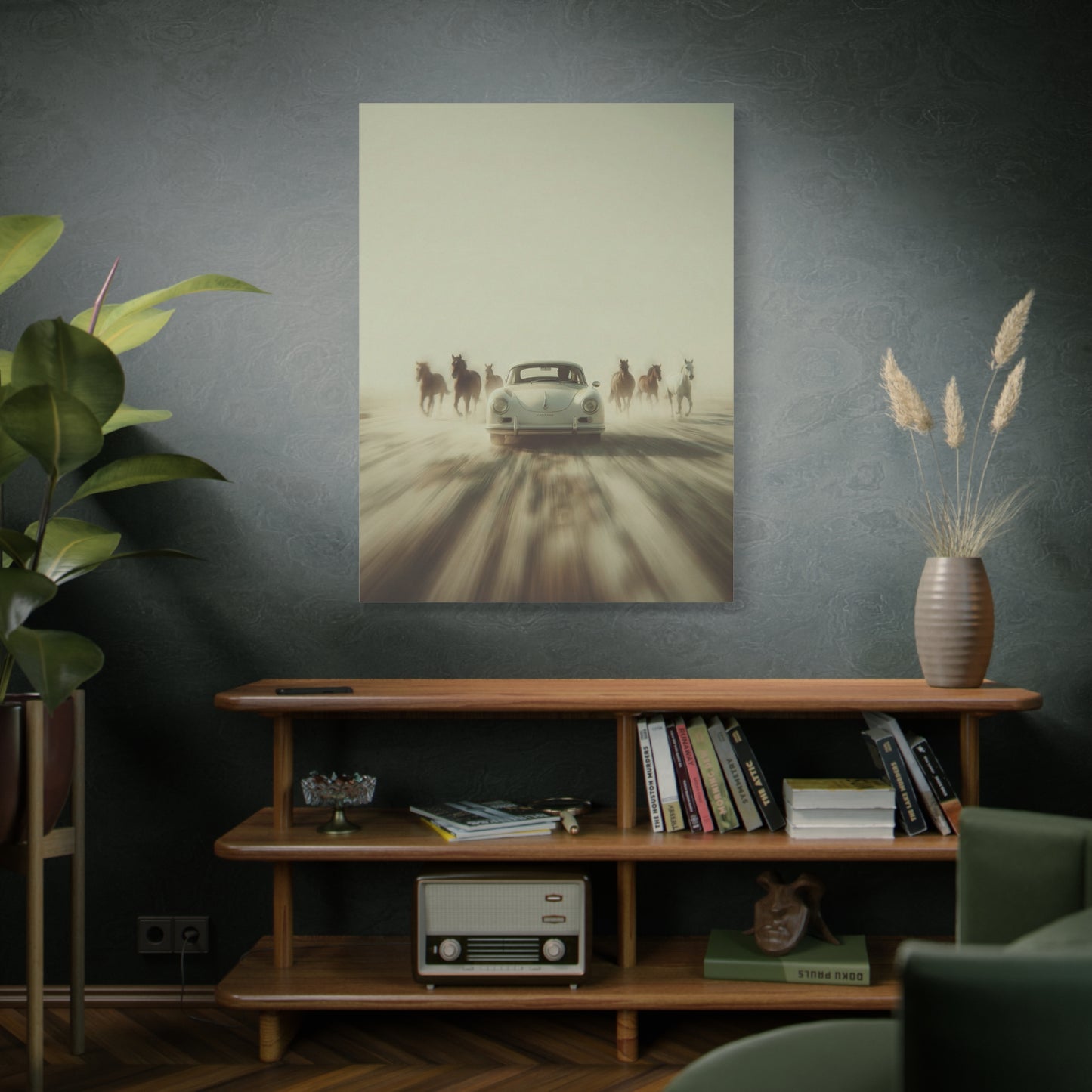 Vintage Porsche 911 Matte Canvas Wall Art — Tundra Drive with Running Horses no text