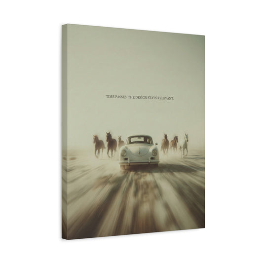Vintage Porsche 911 Matte Canvas Wall Art — Tundra Drive with Running Horses