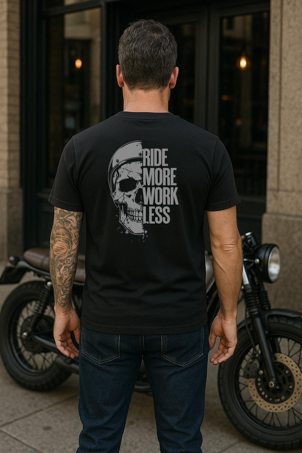 "Man wearing black t-shirt with skull helmet graphic and 'Ride More Work Less' text, standing in front of a cafe racer motorcycle in an urban setting"