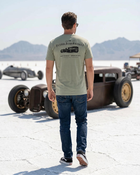 male wearing a gray hot rod shirt from petrol burn