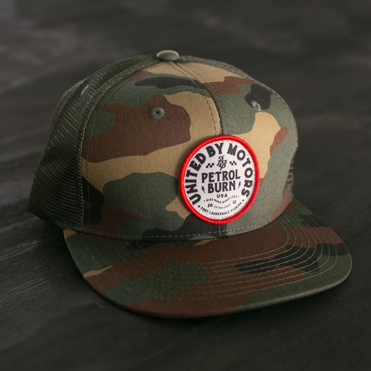 petrol burn united by motors woodland camo hat