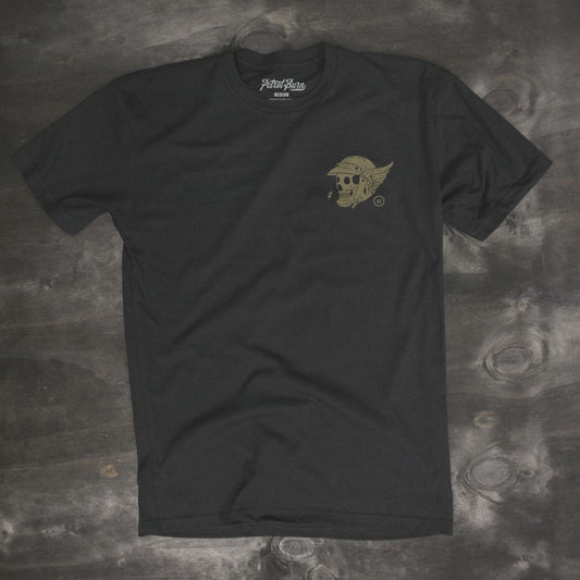 petrol burn black skull inspired moto lifestyle t-shirt