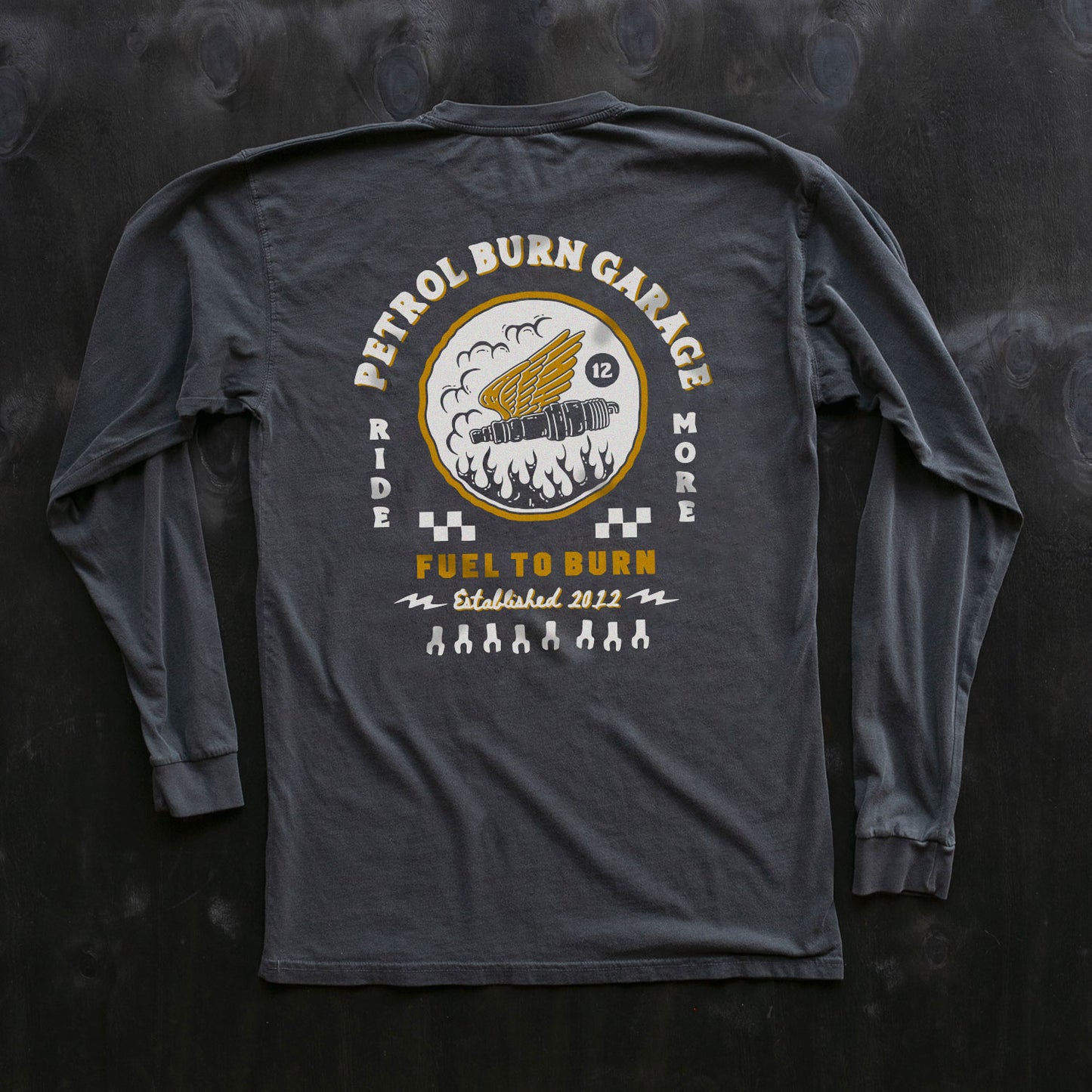 petrol burn garage garment dyed long sleeve moto inspired tee