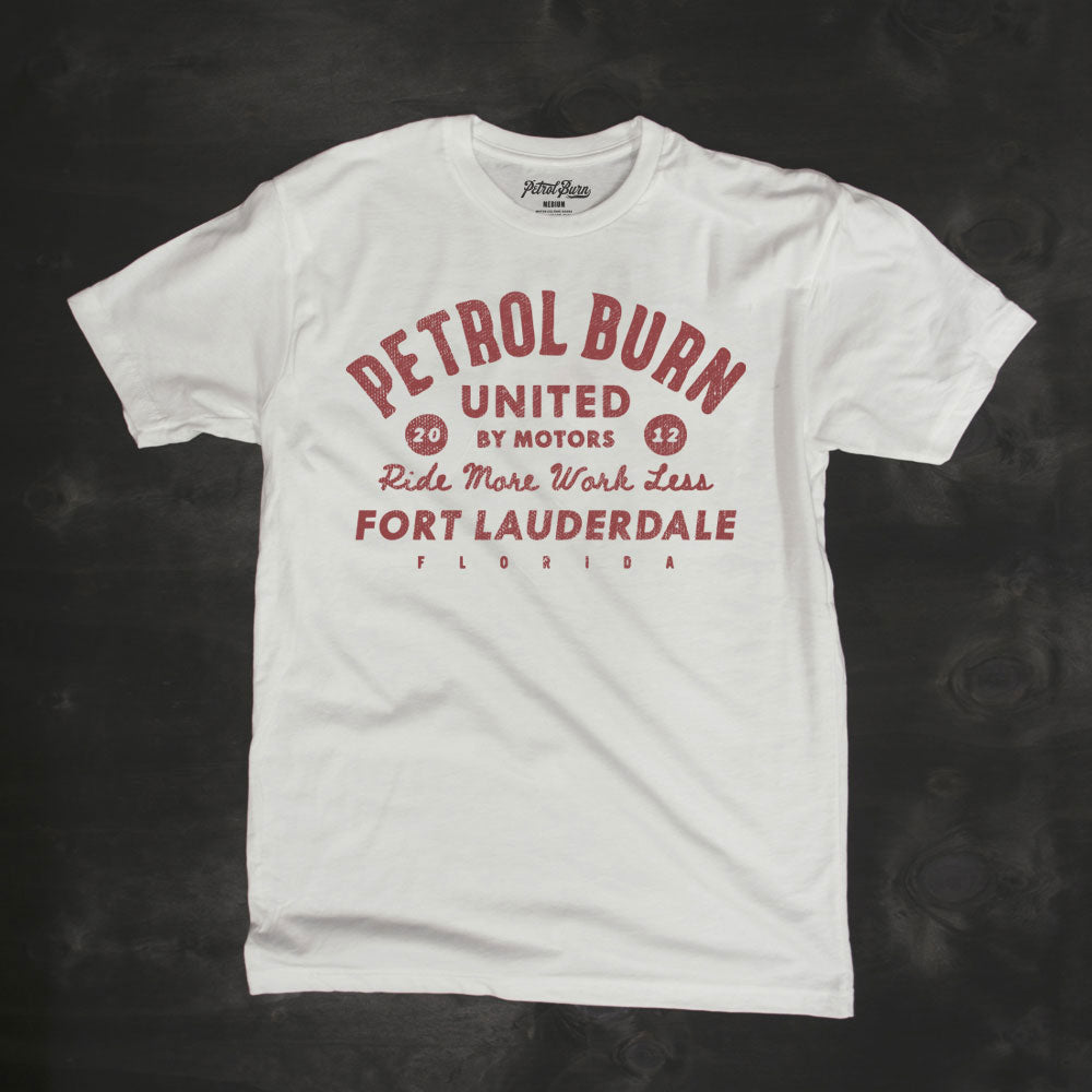 vintage motorcycle lifestyle inspired distressed logo white tshirt Petrol Burn