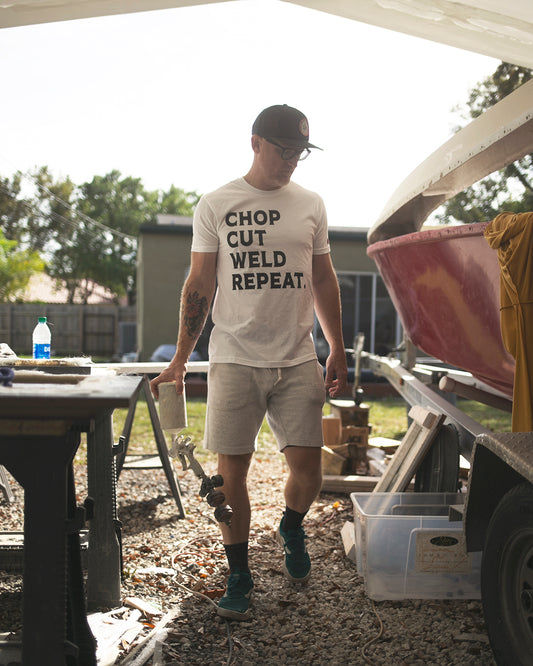 chop cut weld repeat white logo tee shirt