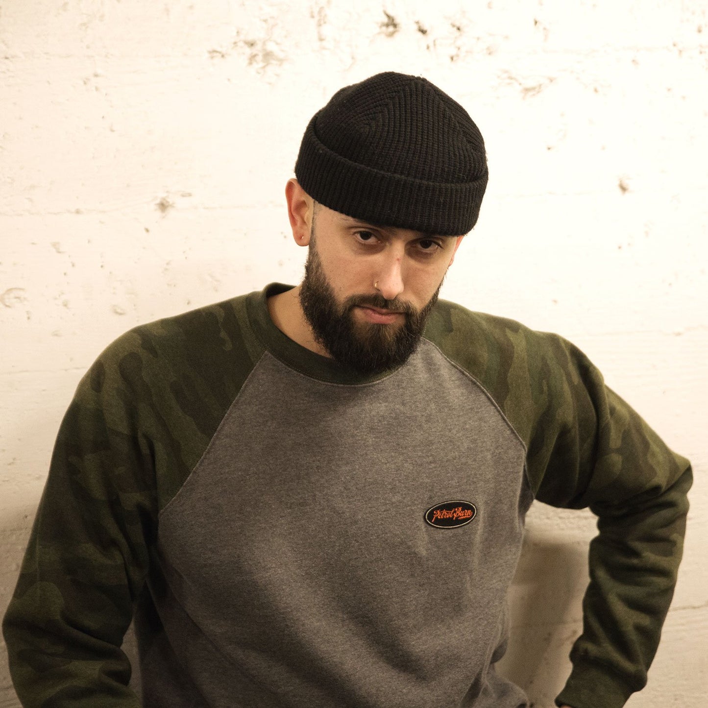 petrol burn camo raglan crew sweatshirt