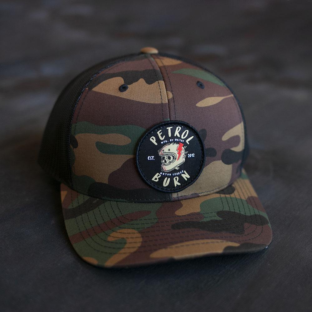 brain bucket skull logo motorcycle cafe racer camo patch hat