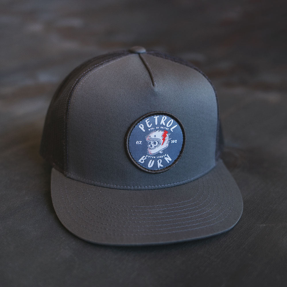 brain bucket skull logo biker motorcycle cafe racer hat gray
