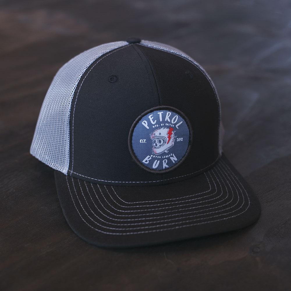 petrol burn motorcycle rider cafe racer skull hat design
