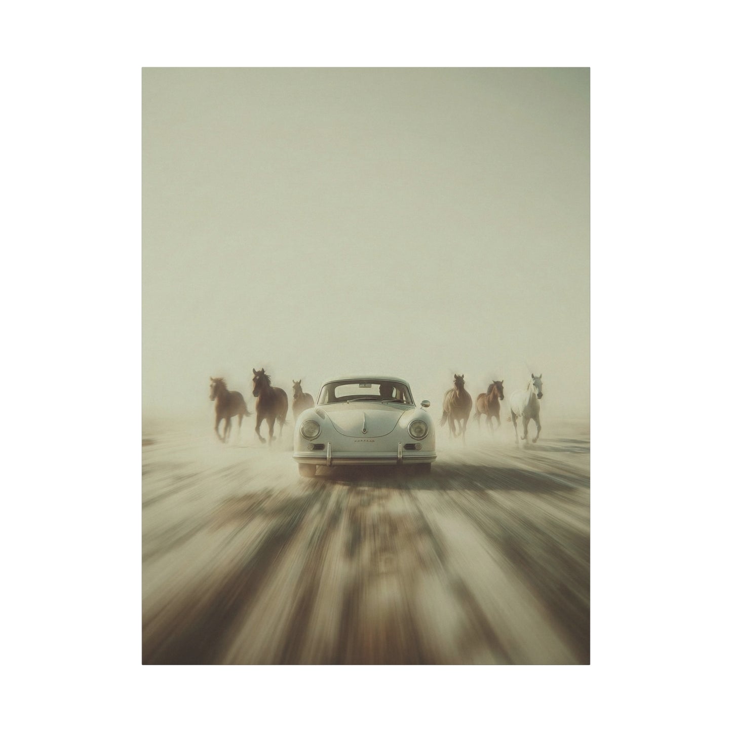 Vintage Porsche 911 Matte Canvas Wall Art — Tundra Drive with Running Horses no text