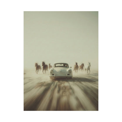 Vintage Porsche 911 Matte Canvas Wall Art — Tundra Drive with Running Horses no text