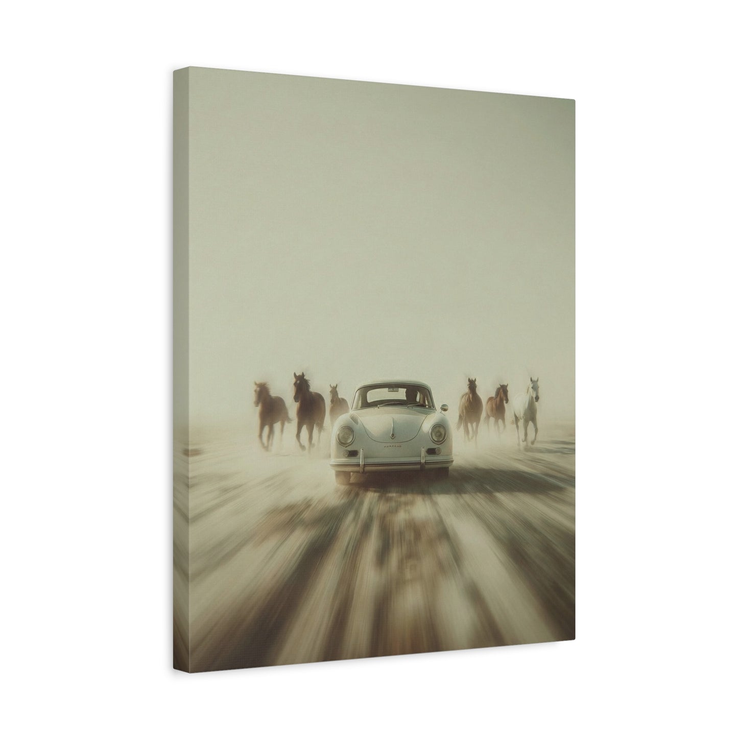 Vintage Porsche 911 Matte Canvas Wall Art — Tundra Drive with Running Horses no text