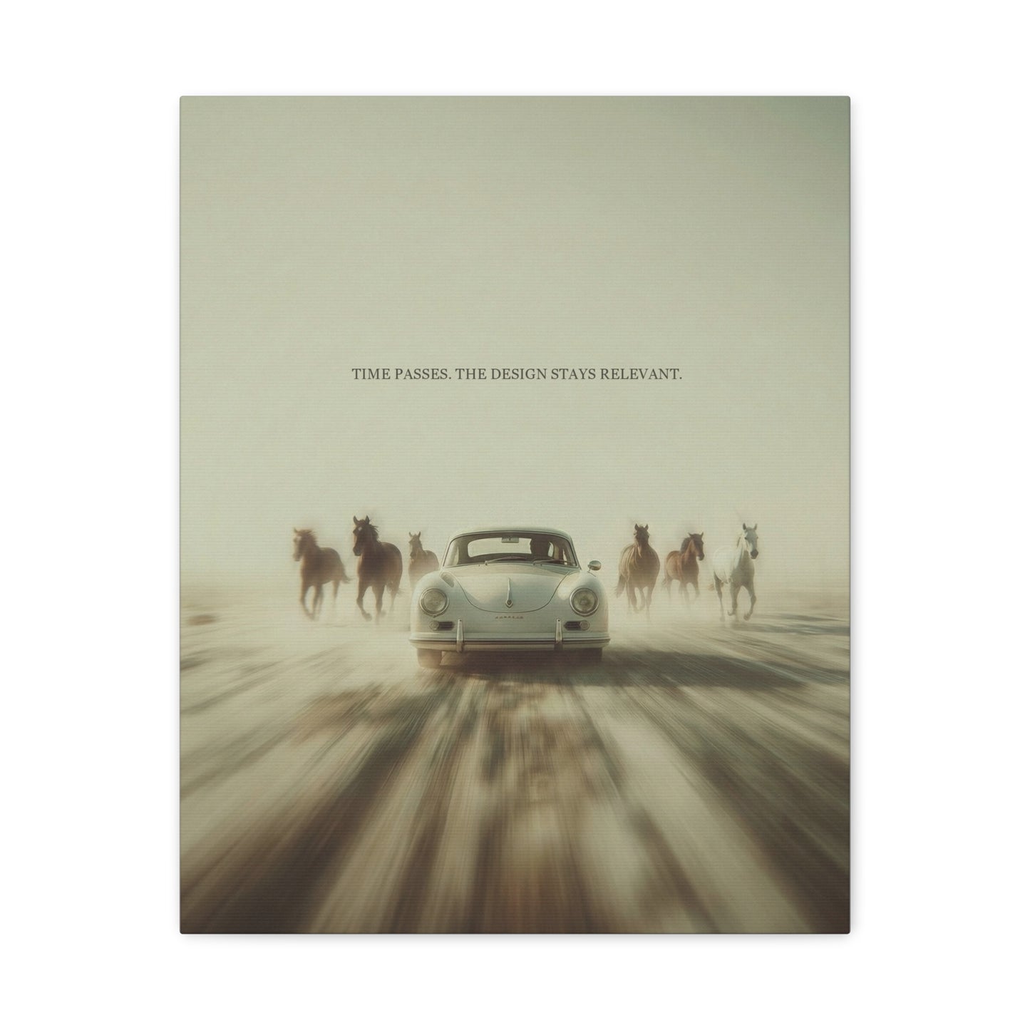 Vintage Porsche 911 Matte Canvas Wall Art — Tundra Drive with Running Horses