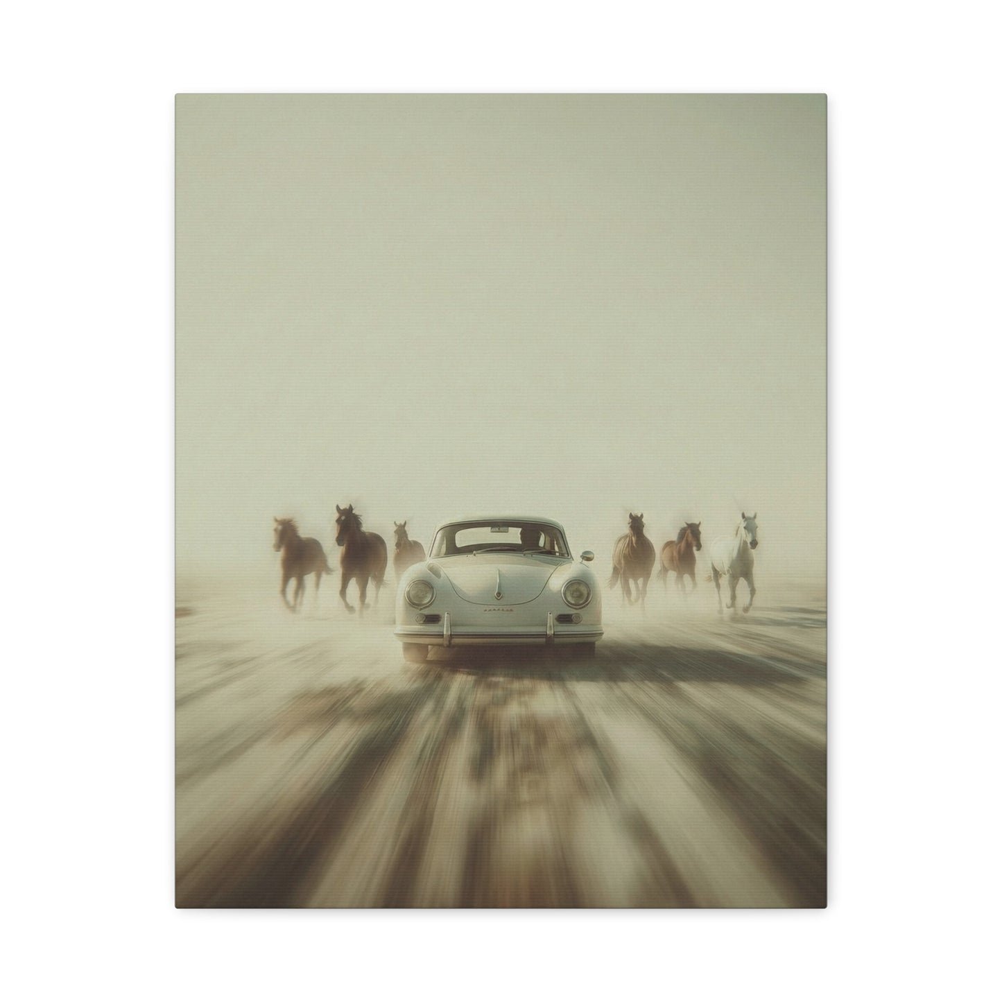 Vintage Porsche 911 Matte Canvas Wall Art — Tundra Drive with Running Horses no text