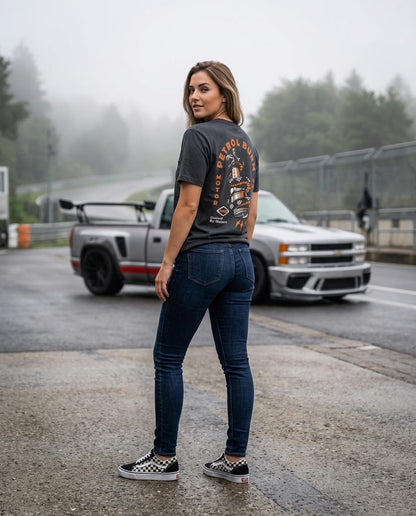 female wearing a black petrol burn car lifestyle tshirt