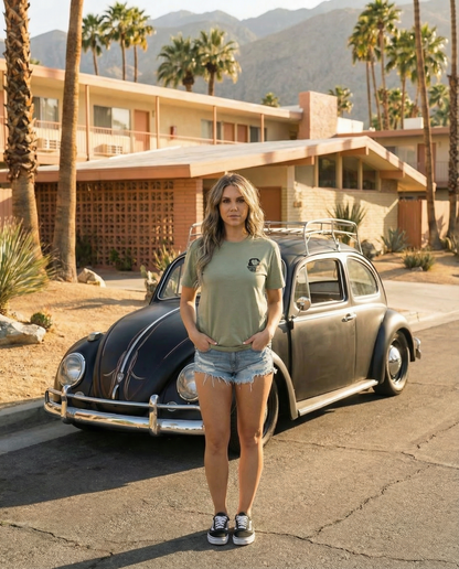 female wearing a petrol burn VW bug tshirt