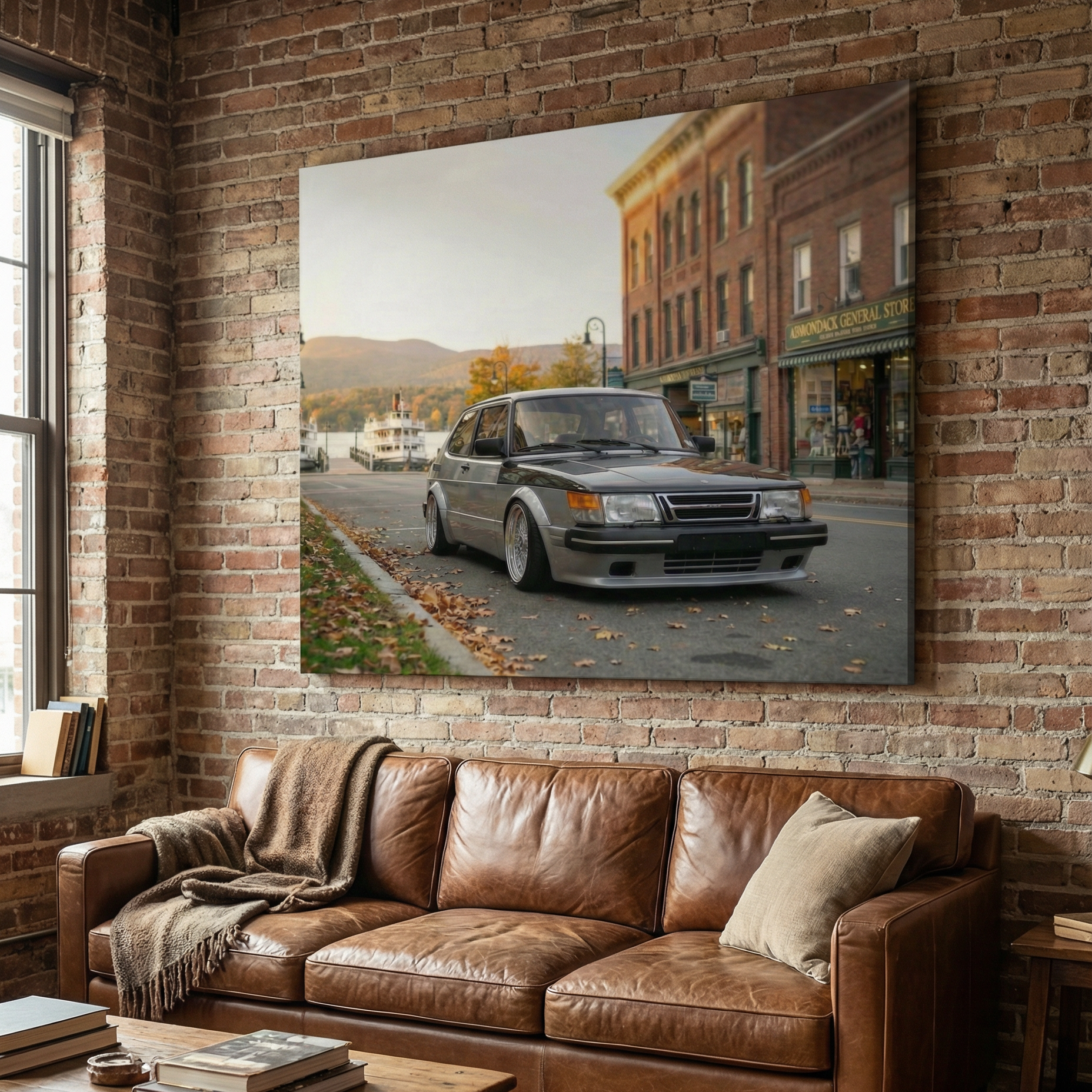 Brown leather sofa in a room with a brick wall and a painting of a car on the wall.