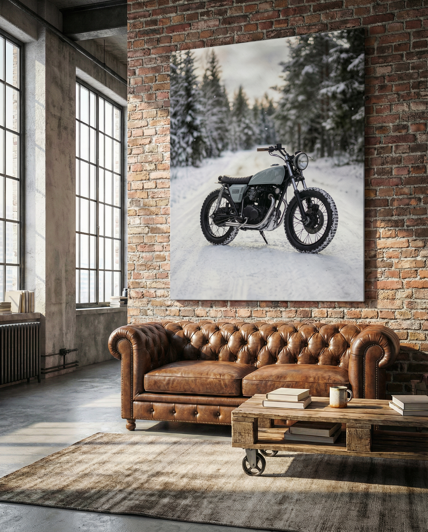 Living room with brown leather sofa, wooden coffee table, and motorcycle painting on brick wall.