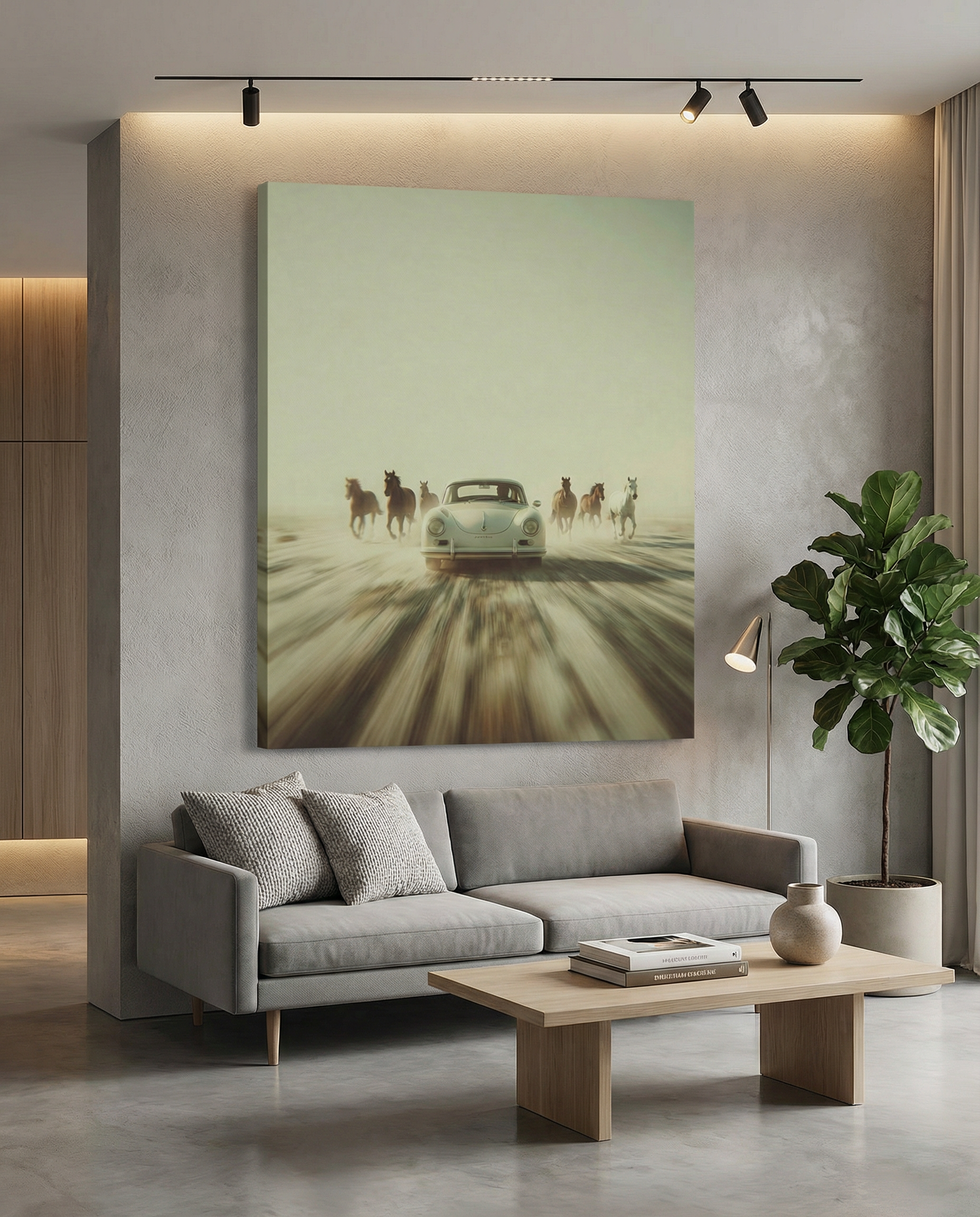 white porsche 911 356 racing with horses canvas wall art
