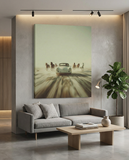 white porsche 911 356 racing with horses canvas wall art