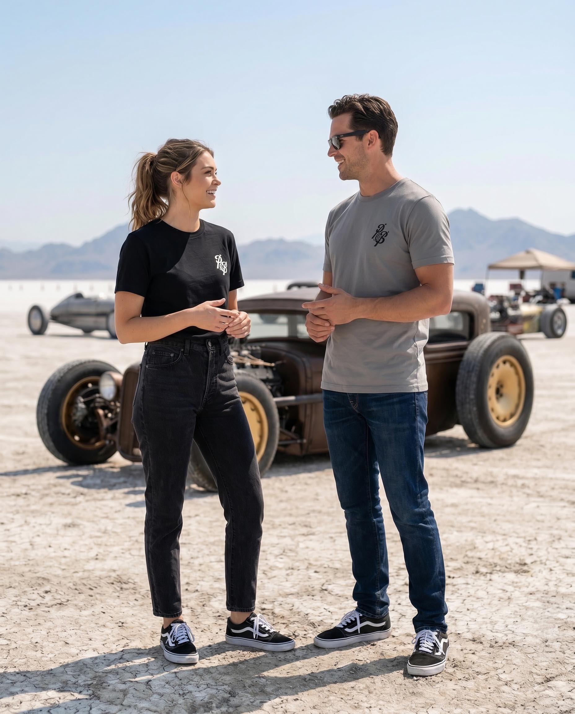 male and female wearing a hot rod style tshirt from petrol burn