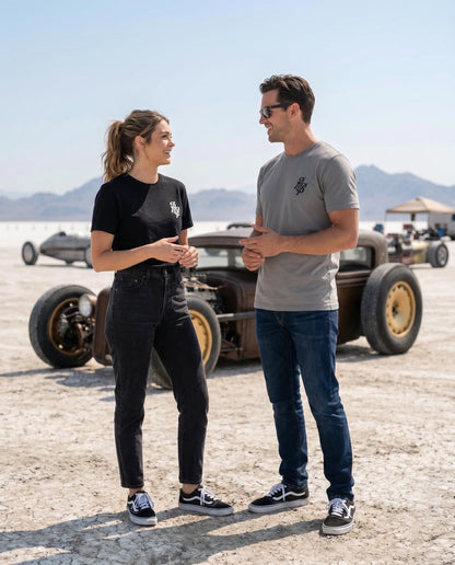 male and female wearing a hot rod style tshirt from petrol burn