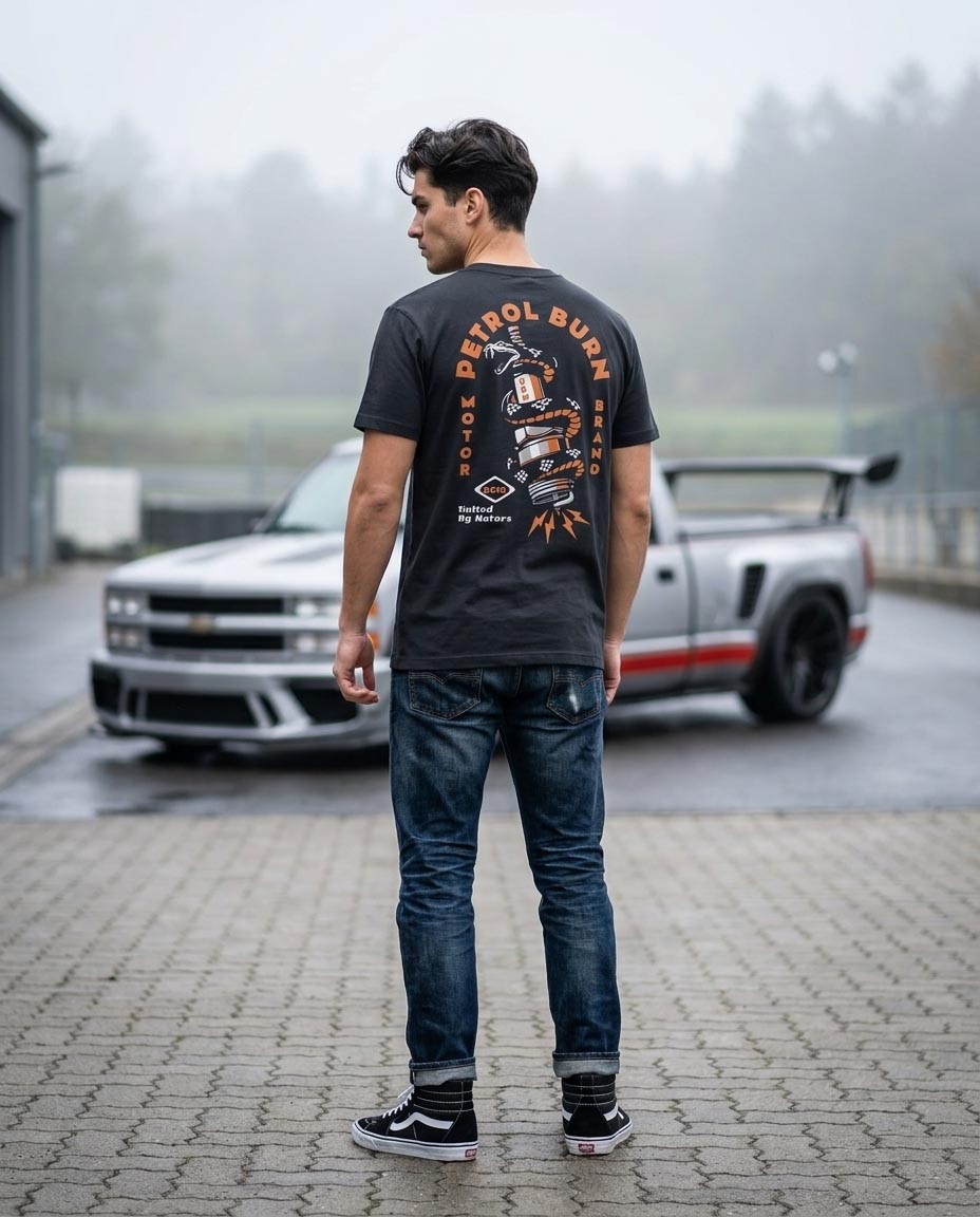 male model wearing a petrol burn mens thirt with a spark plug logo
