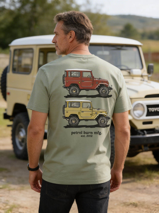 male model wearing a toyota fj40 tshirt