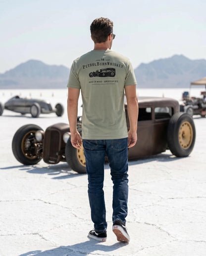 male wearing a gray hot rod shirt from petrol burn