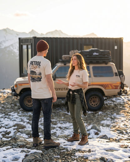 two hikers wearing toyota fj60 tee shirts