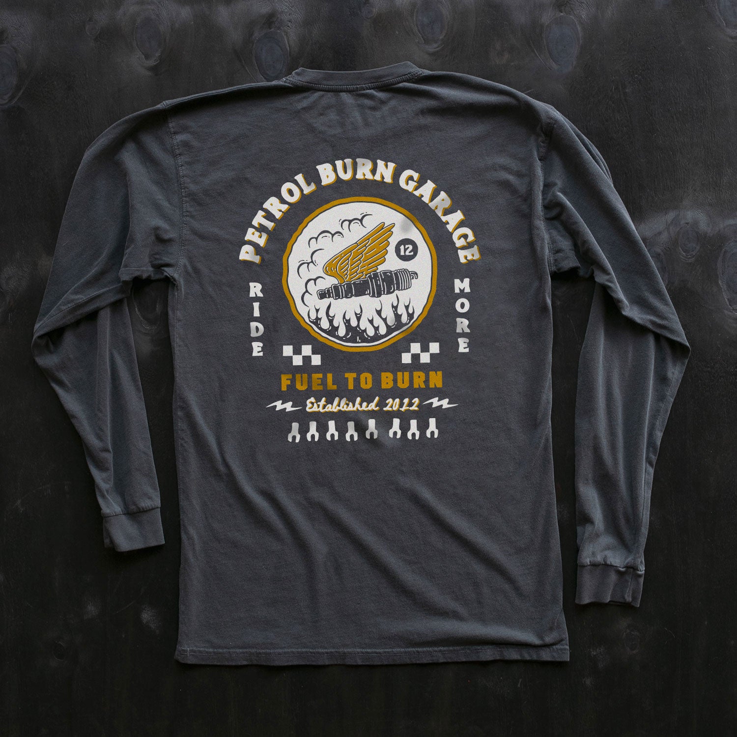 petrol burn garage garment dyed long sleeve moto inspired tee