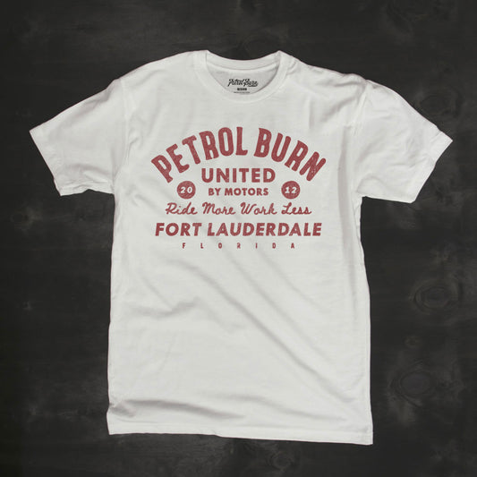 vintage motorcycle lifestyle inspired distressed logo white tshirt Petrol Burn