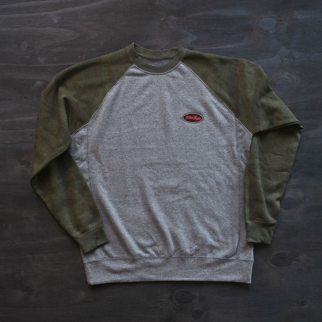 retro camo logo moto lifestyle inspired raglan crew