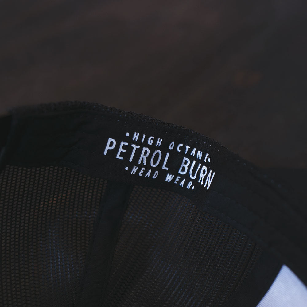 petrol burn hat detail tag
