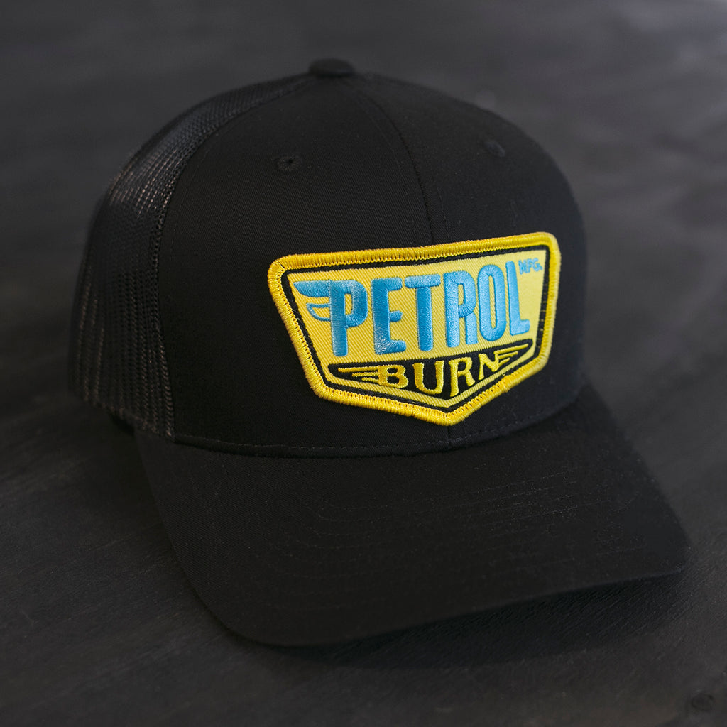 vintage gas and oil inspired mesh back hat black