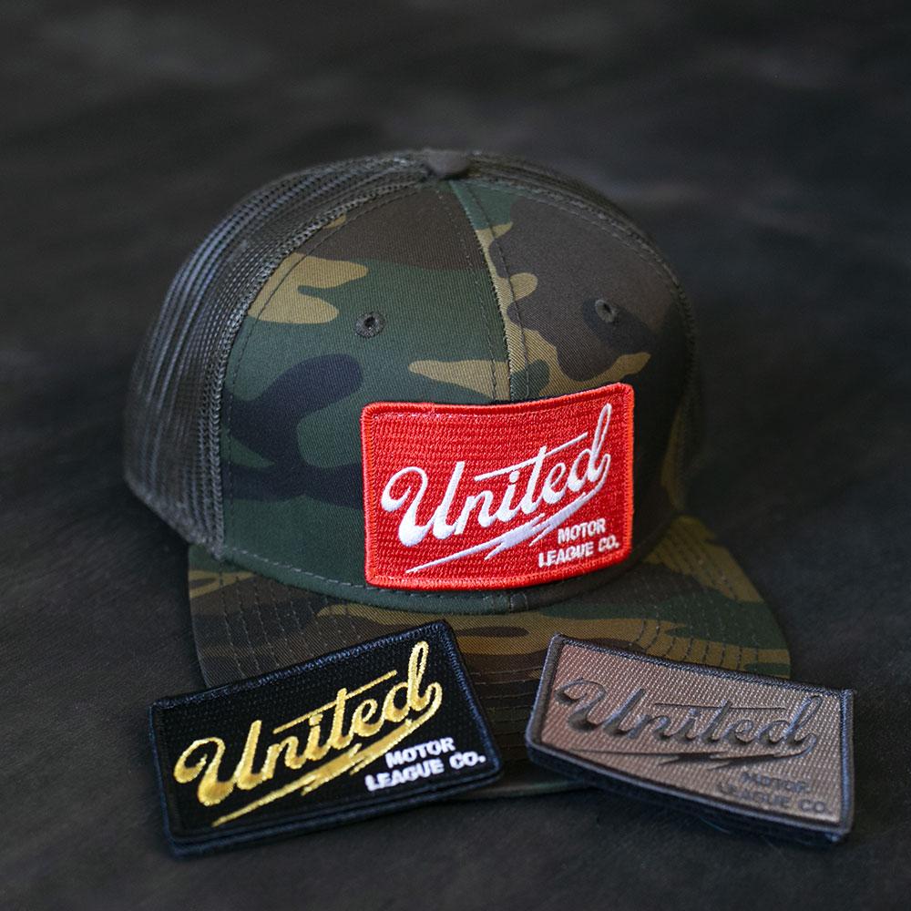 united motor league velcro patch logo hat camo trucker