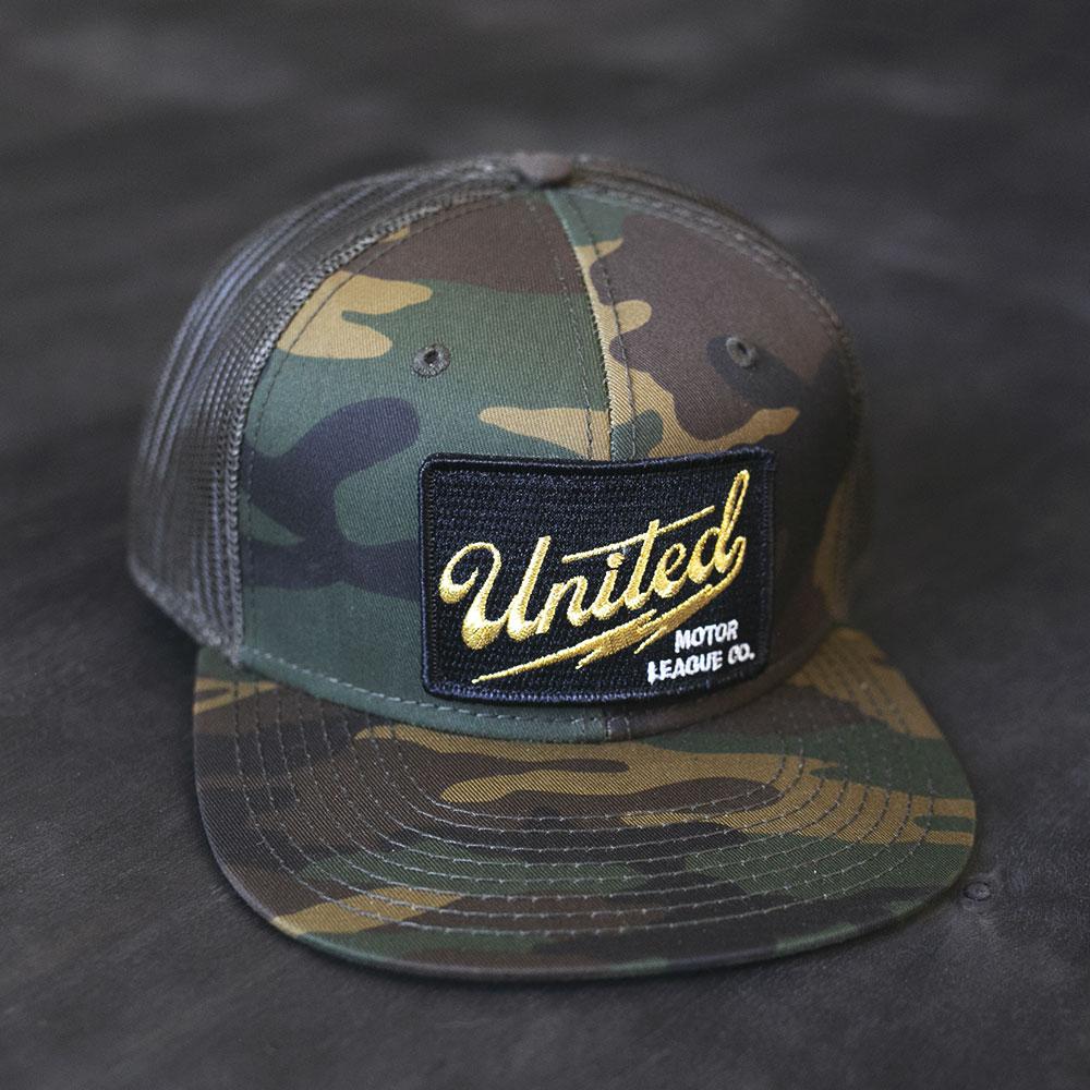 camo and black logo patch trucker hat 