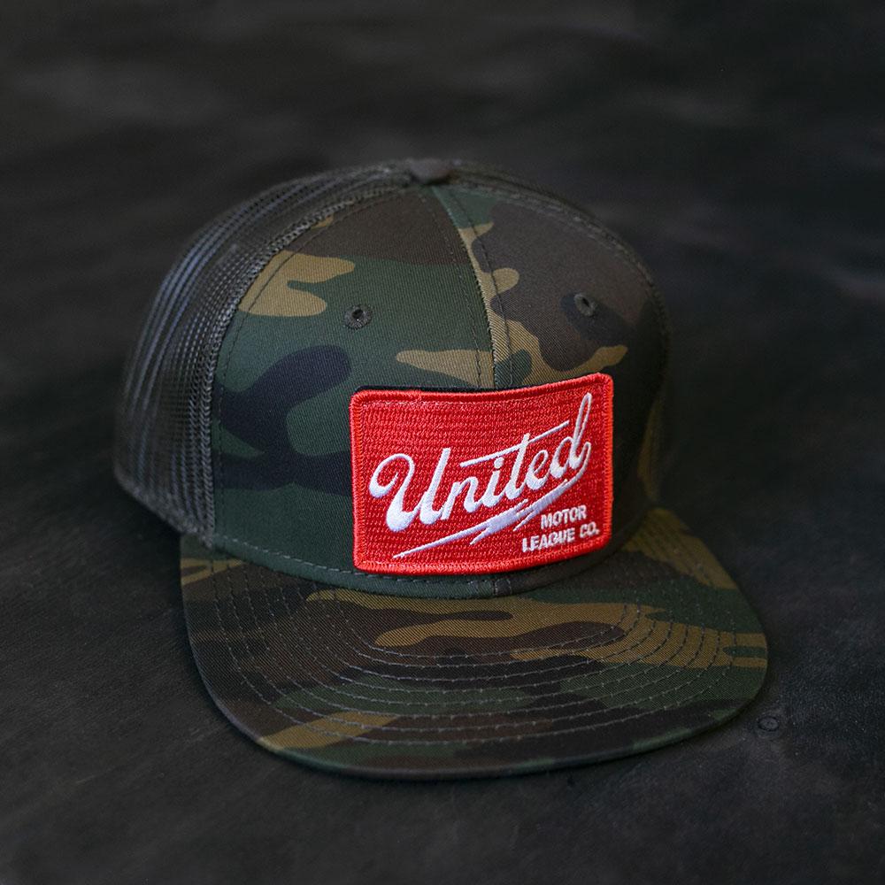 camo and red united motor league patch hat