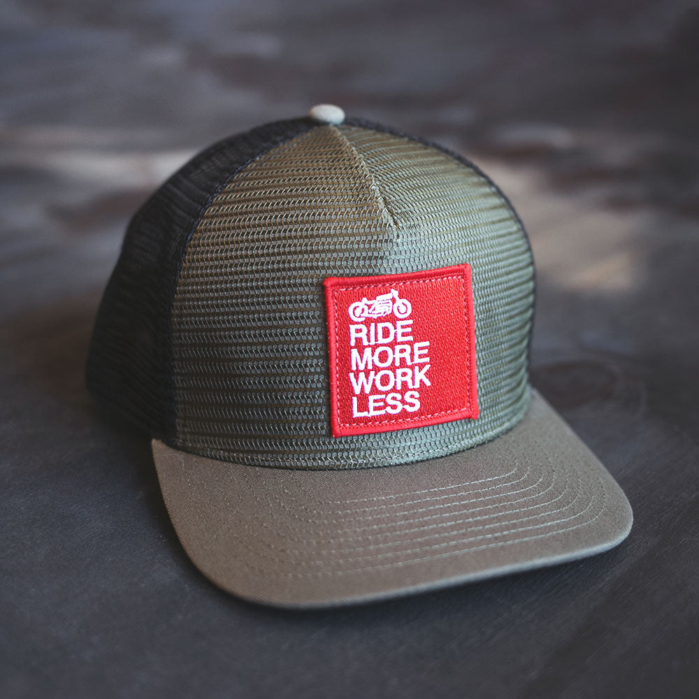 ride more work less green moto inspired hat