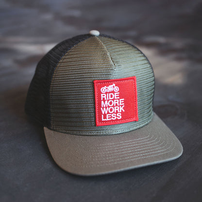 ride more work less green moto inspired hat