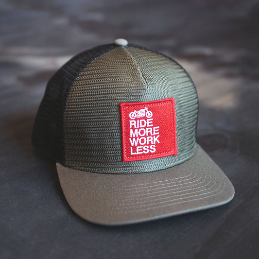 ride more work less green moto inspired hat