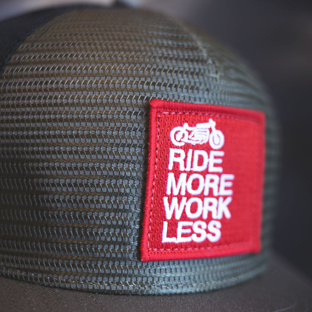 ride more work less red motorcycle patch