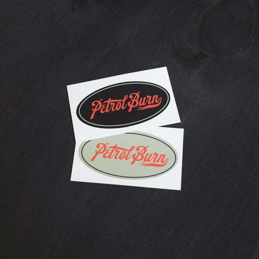 petrol burn vintage moto lifestyle oval matte decals