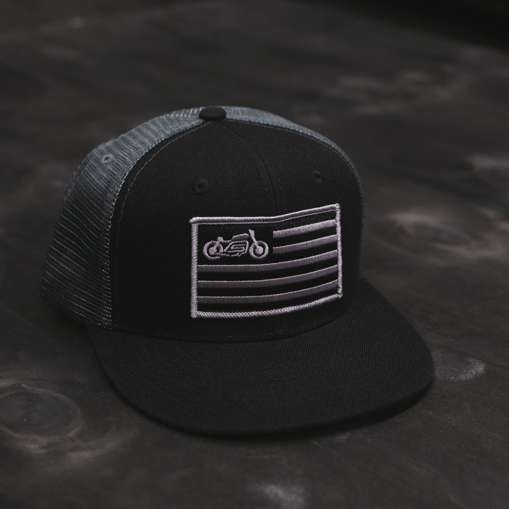 united moto motorcycle cafe racer rider trucker black and charcoal hat