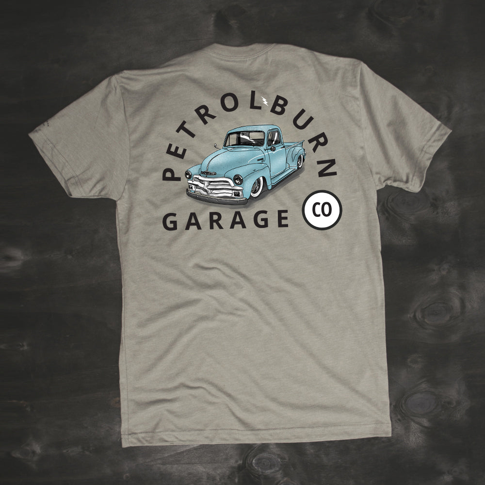 classic chevy bagged c10 truck tshirt petrol burn