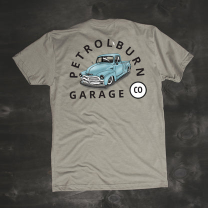 classic chevy bagged c10 truck tshirt petrol burn