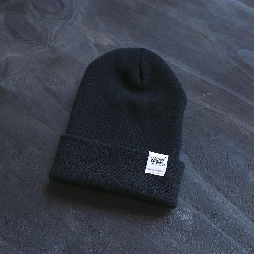 united motor league black knit beanie for motorcycle lifestyle